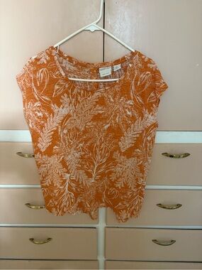 Rachel Zoe Orange Botanical Print Short Sleeve Tee